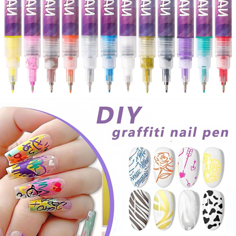 Set 12 markere acrilice pentru unghii, varf fin 0.5 mm, nail art, manichiura DIY, uscare rapida, 13 x 10 cm, multicolor [9]
