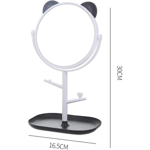 Oglinda cosmetica, cu urechi, baza pentru bijuterii, diametru 15 cm, design rotativ 360°, plastic, 30 x 16.5 cm, alb/negru [2]