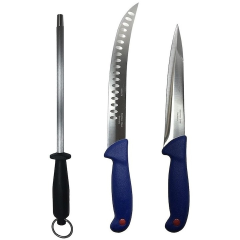 Cutite si tacamuri - Set profesional de macelarie, 2 cutite otel carbon, injunghiat, transat, degresat, masat pentru ascutit