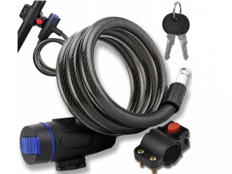 Ciclism - Antifurt pentru bicicleta, cu 2 chei, lungime cablu 90 cm, otel, negru