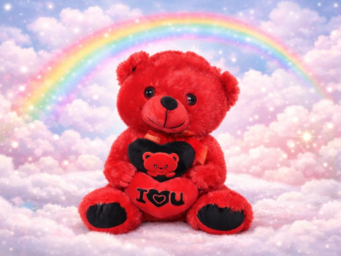 Jucarie de plus, ursulet cu inima, mesaj I Love You, material moale, decorativ, pentru copii, rosu, 30 x 18 cm [7]