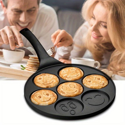 Tigaie pentru clatite, 7 forme cu fete amuzante, aluminiu/otel inoxidabil, diametru forma 6.5 cm, dimensiune tigaie 26 cm, negru [10]
