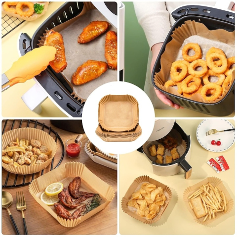 Set 100 hartii de copt pentru air fryer, cuptor, de unica folosinta, antiderapante, forma patrata, 16 x 16 cm, maro [5]