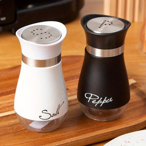Set 2 recipiente pentru sare/piper, otel inoxidabil si sticla, 16 x 8 x 15 cm, alb/negru [8]