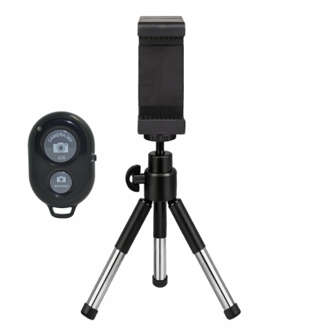 ECHIPAMENTE FOTO - Kit filmare smartphone cu mini trepied extensibil din aluminiu, suport telefon universal cu arc si telecomanda Bluetooth, montura 1/4 inch, reglabil 13–20 cm