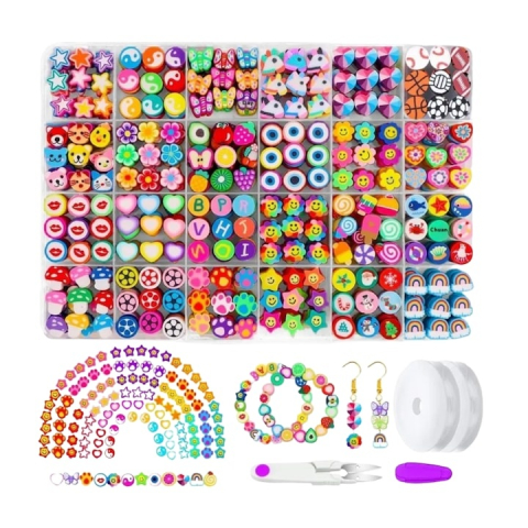 JOCURI ȘI JUCĂRII - Set creatie bijuterii pentru copii, bratari, cercei, coliere, 480 margele, 24 modele, 2 role snur, 13 x 19 x 2 cm, multicolor