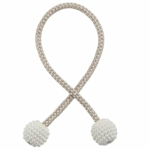 Magnet decorativ pentru perdele si draperii, catarama cu perle si curea cu textura tesuta, poliester, 48 cm, bej [5]