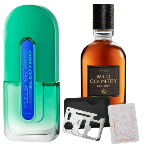 Set Ingrijire barbati - Set apa de toaleta Full Speed Electric 75 ml, apa de toaleta Wild Country 75 ml, card multifunctional de supravietuire, otel inoxidabil