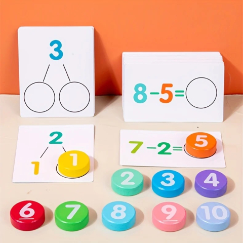 Joc educativ pentru copii, operatii matematice, adunare si scadere, cifre 1-10, lemn, 46 planse, multicolor, 16.3 x 11.5 x 3.7 cm [7]