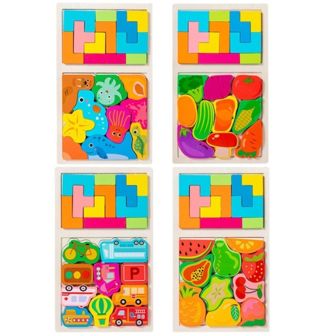 Joc puzzle, tip tetris, pentru copii, 2 in 1, animale marine, Montessori, lemn, 28.5 x 17 cm, multicolor [4]