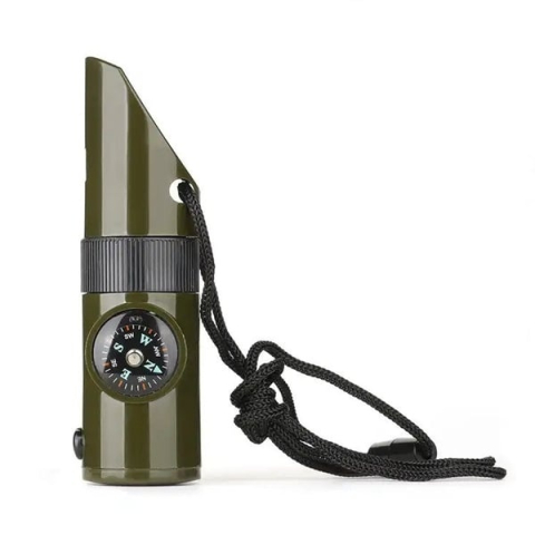 Fluier 7 in 1, multifunctional, lupa, lanterna LED, busola, oglinda, termometru, compartiment depozitare, ABS, pentru camping, drumetii, verde [2]