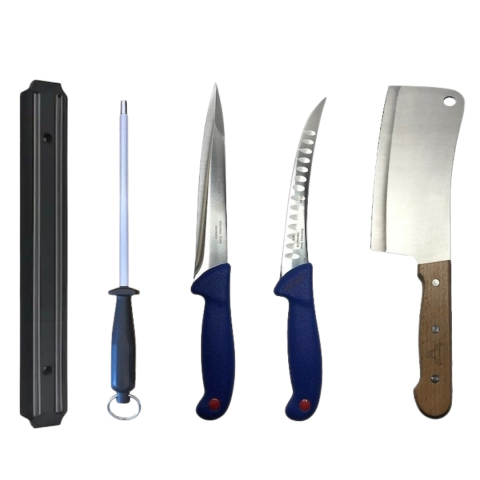 Cutite si tacamuri - Set 2 cutite profesionale de macelarie, injunghiat, transat, dezosat, filetat, masat pentru ascutit, satar, suport magnetic