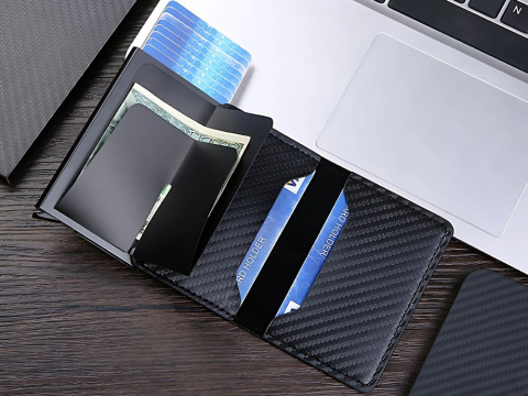 Portofel pentru barbati, protectie antifurt RFID, compact, piele ecologica, 10 x 6.5 x 2 cm, negru [6]