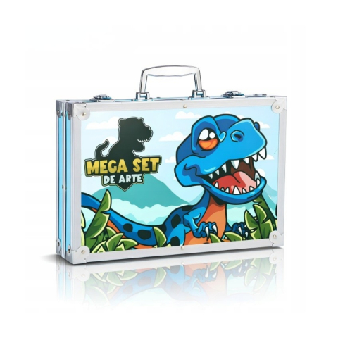 JOCURI ȘI JUCĂRII - Set creativ de pictura si desen pentru copii, 145 piese, model dinozaur, 34 x 23 x 8 cm, albastru, valiza metalica pentru depozitare