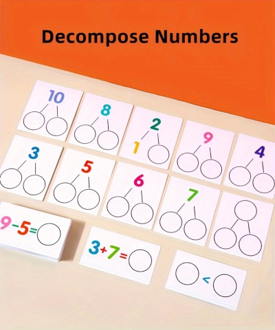 Joc educativ pentru copii, operatii matematice, adunare si scadere, cifre 1-10, lemn, 46 planse, multicolor, 16.3 x 11.5 x 3.7 cm [9]