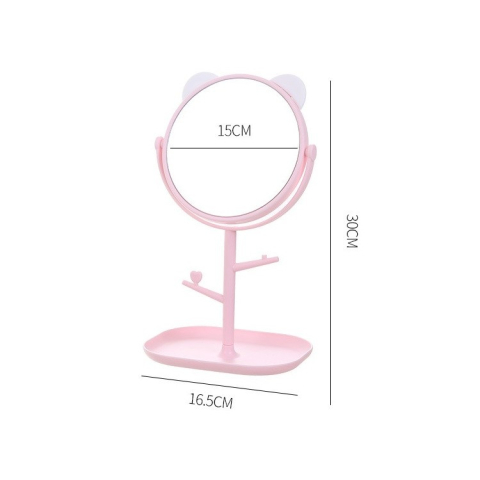 Oglinda cosmetica, model cu urechi, rotativa 360°, diametru 15 cm, plastic, suport pentru bijuterii, 30 x 16.5 cm, alb/roz [13]