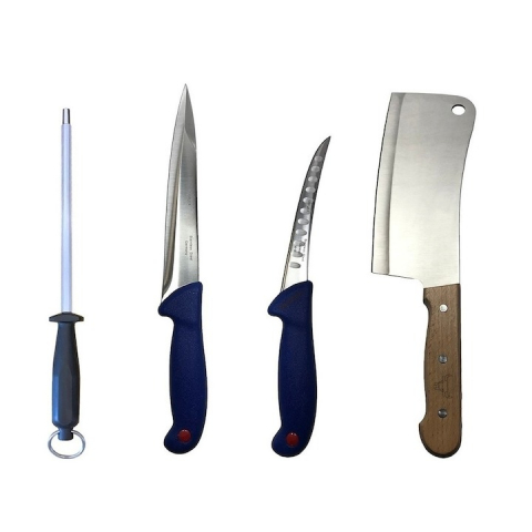 Cutite si tacamuri - Set profesional de macelarie, injunghiat, transat, filetat, dezosat, 2 cutite, masat pentru ascutit, satar