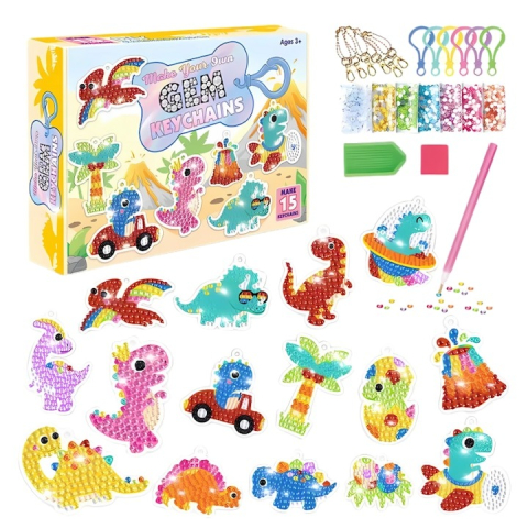Set pictură și desen - Set brelocuri cu diamante pentru copii, dinozauri, 15 modele, accesorii incluse, multicolor