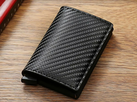 Portofel pentru barbati, protectie antifurt RFID, compact, piele ecologica, 10 x 6.5 x 2 cm, negru [8]