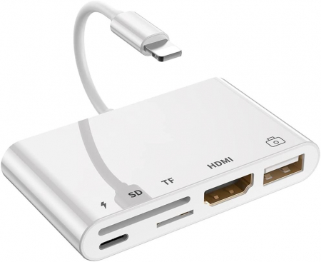 Diverse - Adaptor multifunctional 5 in 1, cititor de carduri, compatibil iphone, USB, HDMI - Alb