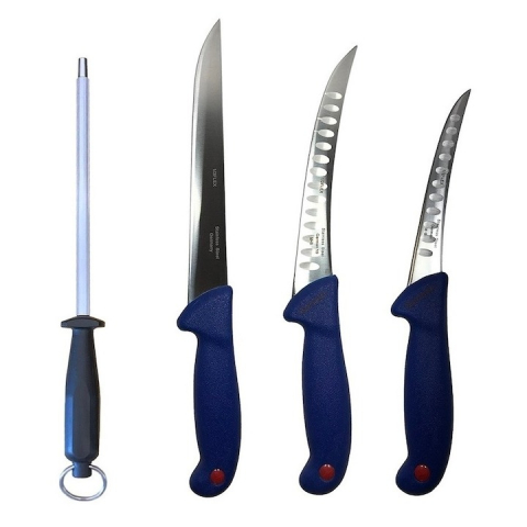 Cutite si tacamuri - Set profesional de macelarie, dezosat, injunghiat, transat, filetat, masat pentru ascutit, 3 cutite otel carbon