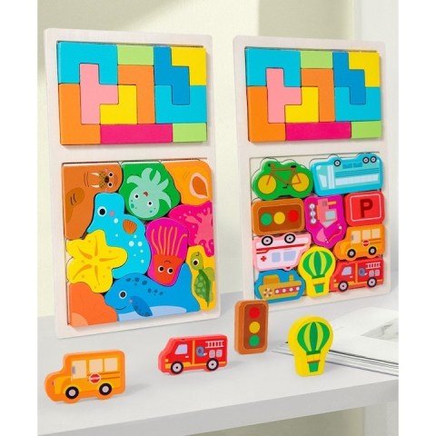 Joc puzzle, tip tetris, pentru copii, 2 in 1, animale marine, Montessori, lemn, 28.5 x 17 cm, multicolor [5]