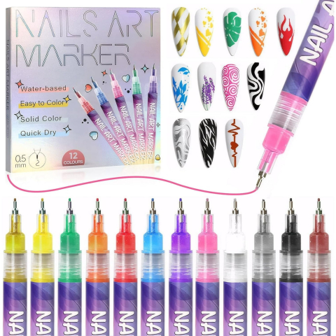 COSMETICE - Set 12 markere acrilice pentru unghii, varf fin 0.5 mm, nail art, manichiura DIY, uscare rapida, 13 x 10 cm, multicolor