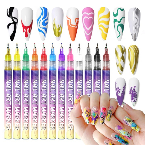 Set 12 markere acrilice pentru unghii, varf fin 0.5 mm, nail art, manichiura DIY, uscare rapida, 13 x 10 cm, multicolor [10]