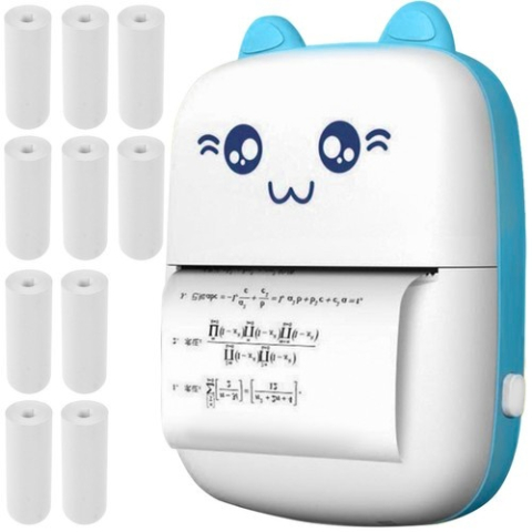 ELECTRONICE - Mini imprimanta termica, portabila, Bluetooth, 11 role incluse, compatibila iOS/Android, incarcare USB-C, design pisica, 11 x 7.8 x 3.7 cm, alb/abastru
