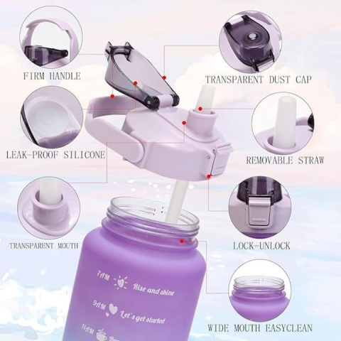 Set 3 sticle de apa, cu pai, 2000 ml / 900 ml / 300 ml, pentru sport, fara BPA, albastru/mov [12]