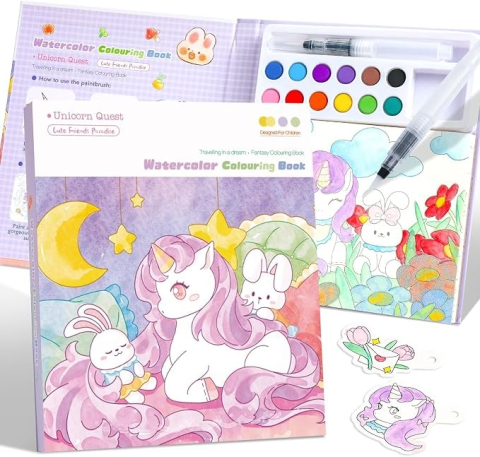 Carte de colorat cu acuarele pentru copii, model unicorn, 12 culori, pensula reutilizabila cu apa, 20 foi carton, 15.7 x 18.8 x 1.8 cm, mov [5]