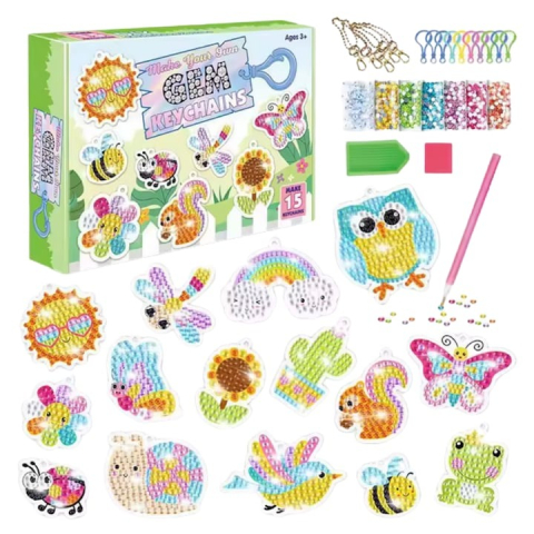 Set pictură și desen - Set brelocuri cu diamante pentru copii, insecte, animale, 15 modele, accesorii incluse, multicolor