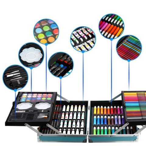 Set creativ de pictura si desen pentru copii, 145 piese, model dinozaur, 34 x 23 x 8 cm, albastru, valiza metalica pentru depozitare [3]