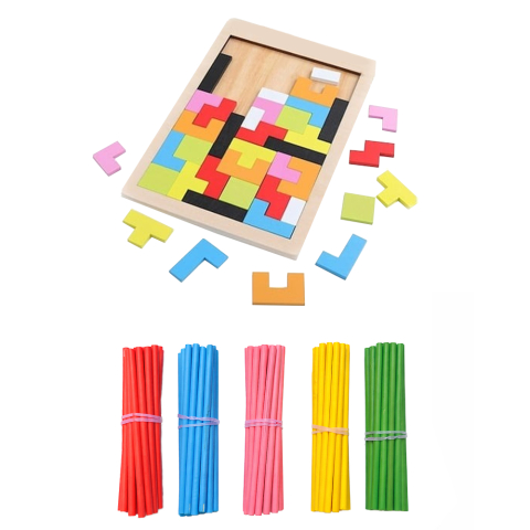 Jucării educative - Joc puzzle din lemn cu forme colorate + betisoare de numarat, set educativ pentru creat modele si invatare copii