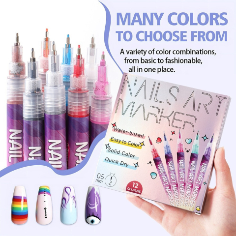 Set 12 markere acrilice pentru unghii, varf fin 0.5 mm, nail art, manichiura DIY, uscare rapida, 13 x 10 cm, multicolor [8]
