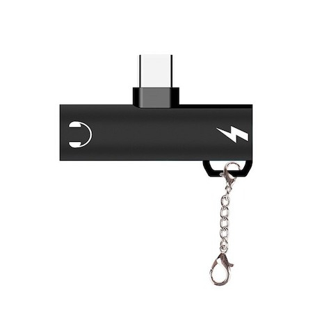 Diverse - Adaptor 2in1, 2x USB C - Jack 3.5 mm cu breloc de prindere - Negru
