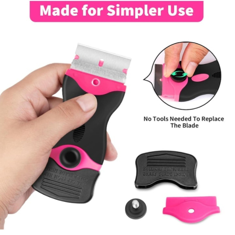 Racleta multifunctionala, 2 capete, maner ergonomic, curatare ceramica, sticla, 10 lame plastic, 10 lame metalice, negru/roz [5]