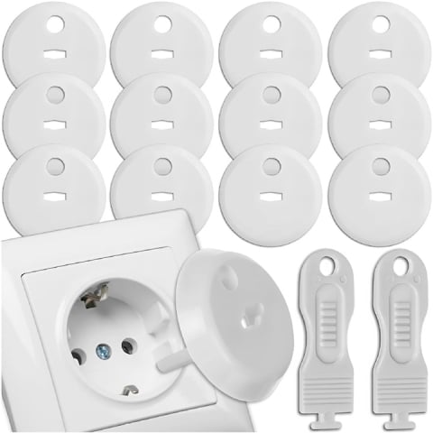 Protectie mobilier - Set 12 protectii prize, 2 chei, pentru siguranta copiilor, plastic, 2.3 x 3.7 cm, alb