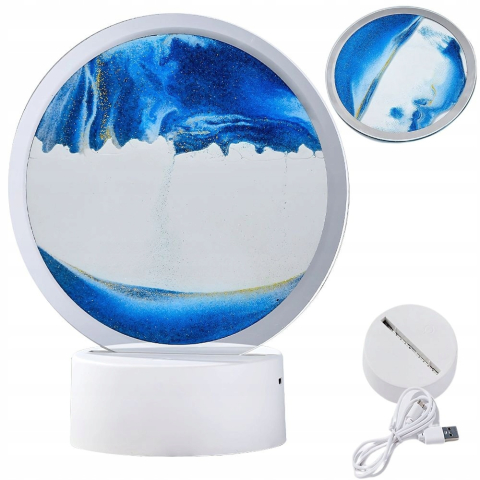 Lampa decorativa tip clepsidra cu efect 3D de nisip in miscare, LED, albastru, alimentare USB sau 3 baterii AA, baza alba, diametru 16 cm [11]