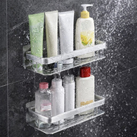 Set 2 rafturi autoadezive, pentru baie si bucatarie, design minimalist, otel inoxidabil, 30.5 x 13 x 5.5 cm, argintiu [14]