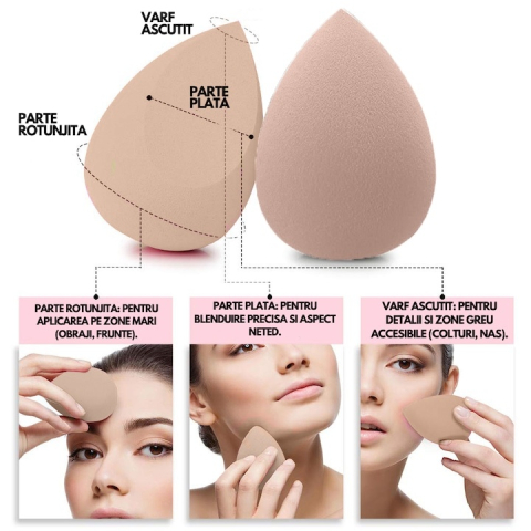 Set bureti machiaj, 3 bucati, forme diferite, tip beauty blender, pentru aplicarea uniforma a fondului de ten si corectorului, bej [10]