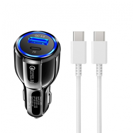 Accesorii auto telefoane - Kit incarcator auto 20W, 12-24V 1x USB,1x type C + cablu incarcare Type C-C 1 m - Negru
