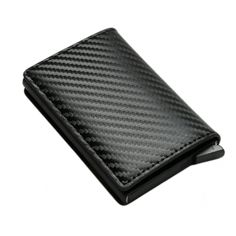 CADOURI - Portofel pentru barbati, protectie antifurt RFID, compact, piele ecologica, 10 x 6.5 x 2 cm, negru