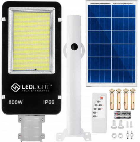 Lampa solara, putere 800 W, 500 LED-uri, suport pentru perete, stalp, complet rezistenta la fenomene meteo (protectie IP66), telecomanda inclusa, negru [1]