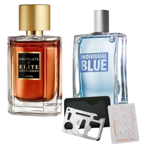 PARFUMURI & SETURI - Set apa de toaleta Absolute by Elite Gentleman 50 ml, apa de toaleta Individual Blue 100 ml, card multifunctional de supravietuire, otel inoxidabil