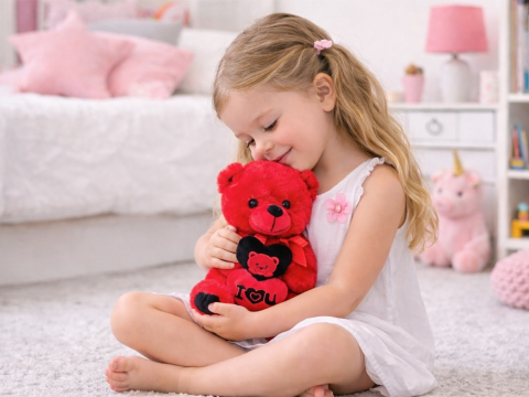 Jucarie de plus, ursulet cu inima, mesaj I Love You, material moale, decorativ, pentru copii, rosu, 30 x 18 cm [9]