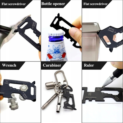 Breloc multifunctional din otel inoxidabil, suport telefon, surubelnita, rigla, desfacator sticle, pentru camping si drumetii, negru, 3 x 7 cm [7]