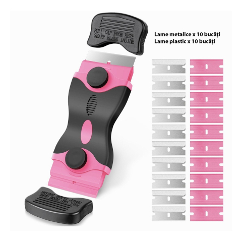 Racleta multifunctionala, 2 capete, maner ergonomic, curatare ceramica, sticla, 10 lame plastic, 10 lame metalice, negru/roz [9]