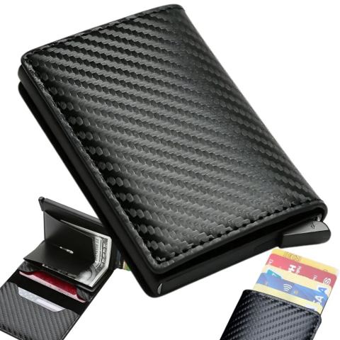 Portofel pentru barbati, protectie antifurt RFID, compact, piele ecologica, 10 x 6.5 x 2 cm, negru [10]