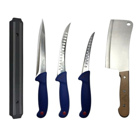 Cutite si tacamuri - Set profesional de macelarie, injunghiat, transat, dezosat, filetat, 3 cutite otel carbon, suport magnetic, satar